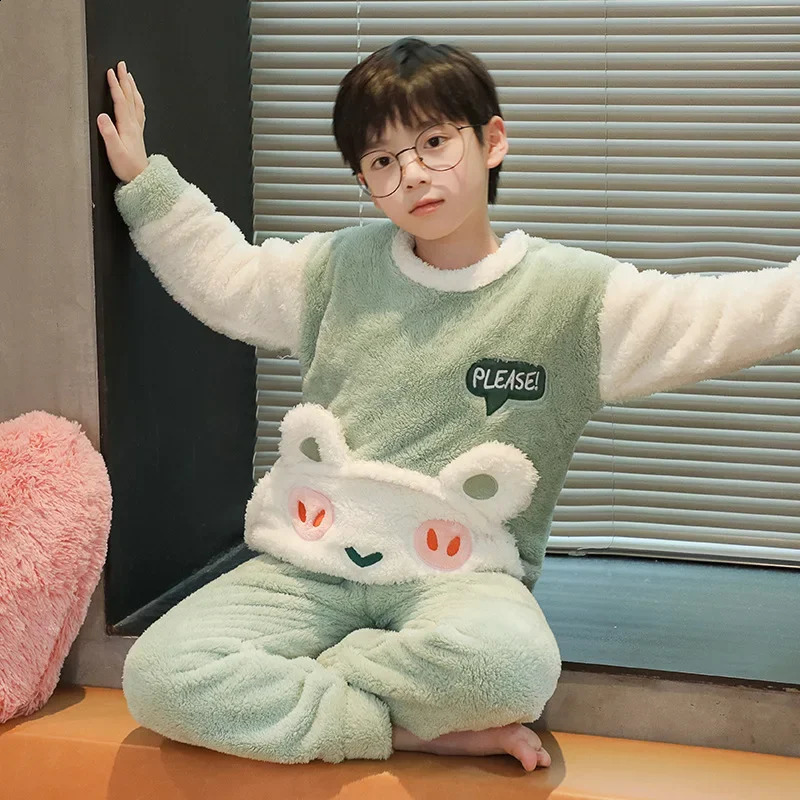 Winter Warm Youth Pajamas Animal Cartoon Bear Childrens Pajama Set Coral Velvet Plush Girls Home Clothing Flannel Boys Pajamas 241118