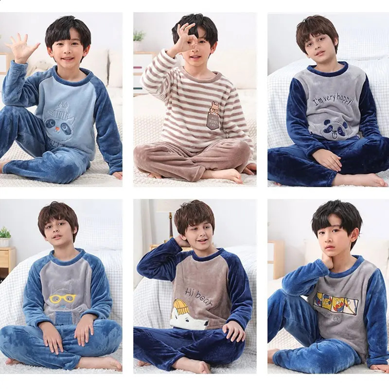 Winter childrens plush pajamas warm flannel youth pajamas boys and girls casual wear coral fleece childrens pajamas 241118