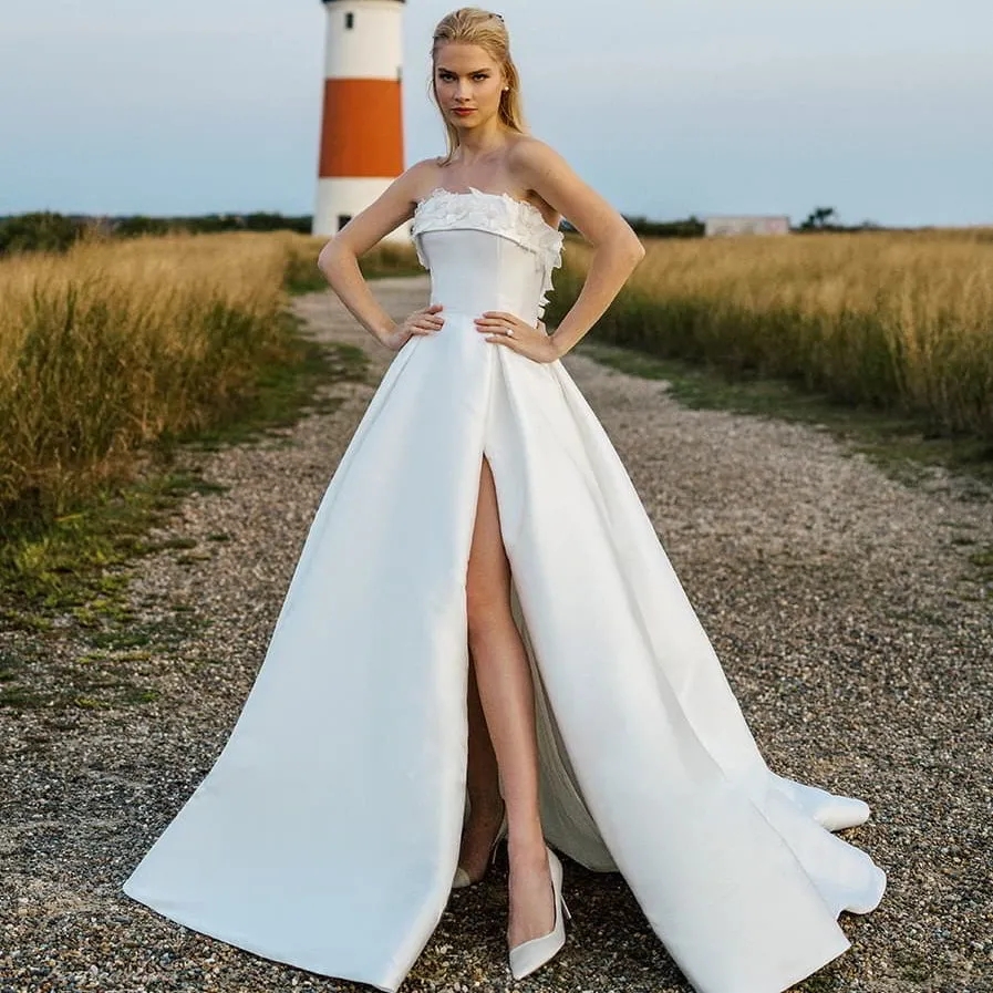 Strapless A Line Wedding Dresses Elegant Satin Boho Gowns Sexy High Split Sweep Train Simple Bride Women Marriage Robes de Mariee YD