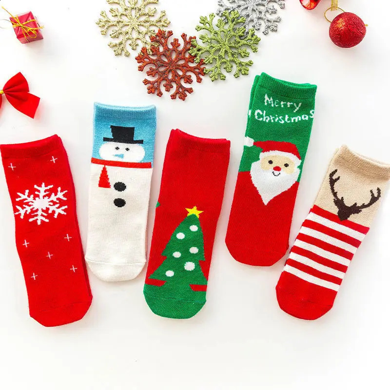 5 pairs of Childrens Christmas Socks Autumn and Winter Cotton Cartoon Boys and Girls Baby Socks 1-12Y 241118