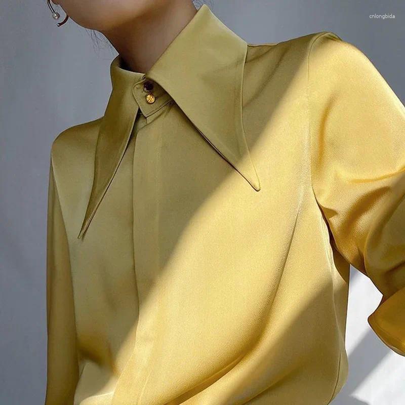 Women's Blouses Autumn Temperament Buttons Solid Color Turn-Down Collar Long Sleeve Blouse Women Clothing Elegant Irregular Loose Shirts B3