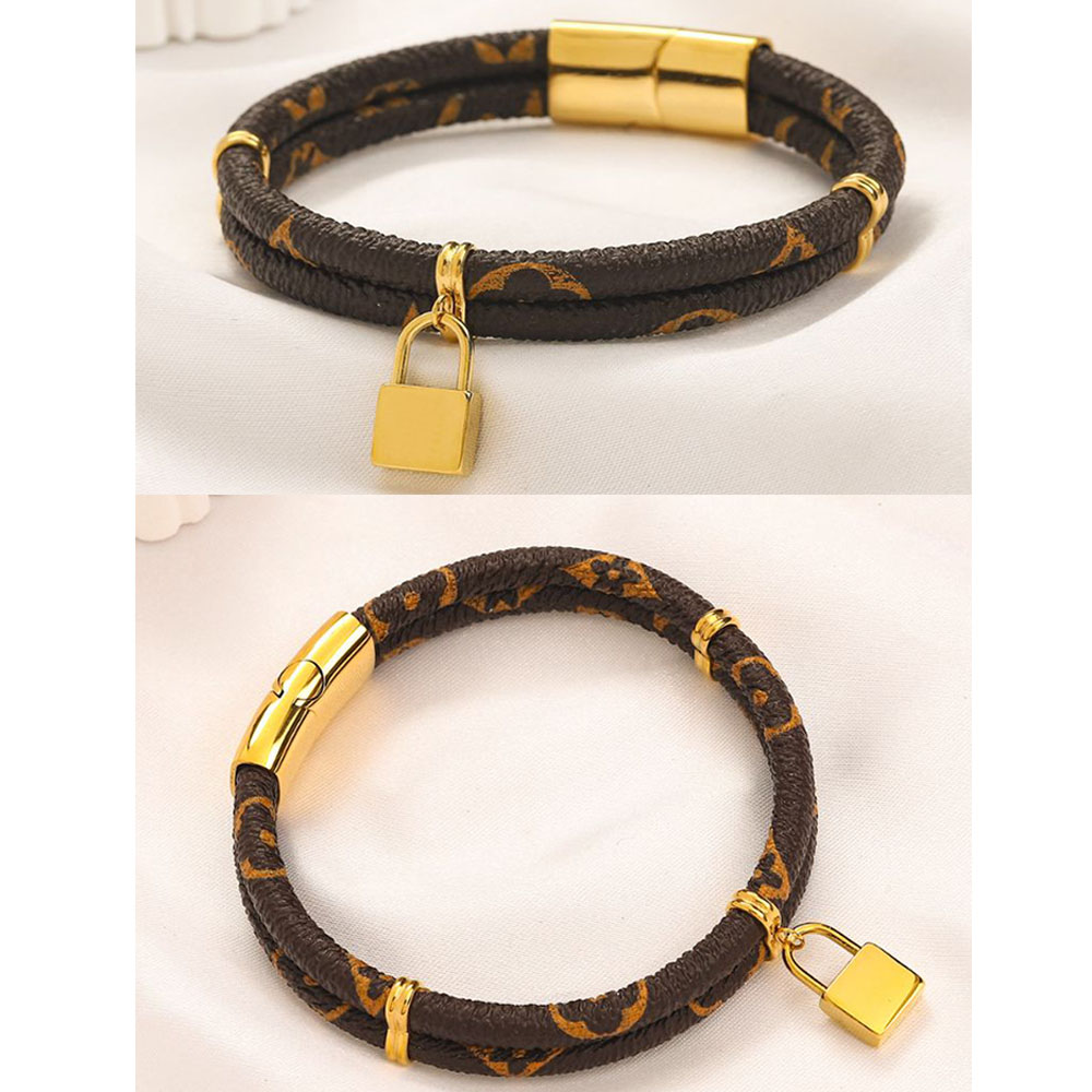 Designer Gold Curb Bracelets Women Lock Pendant Bracelet Brand Letter Leather Bracelet Vintage Design Jewelry Bracelet Gift Stainless Steel Bracelet With Box SY03