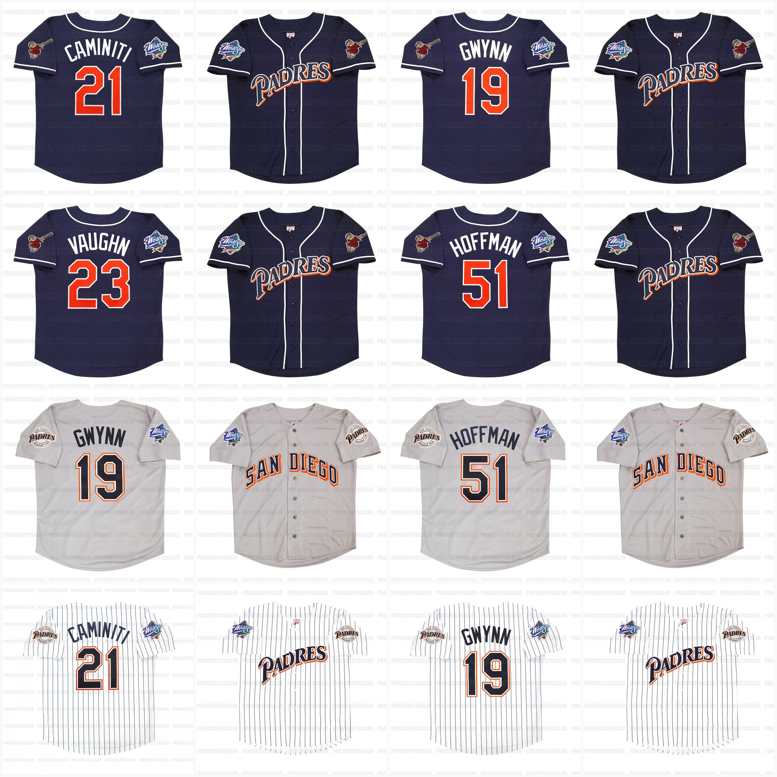 Padres 1998 World Series Jersey 19 Tony Gwynn 21 Ken Caminiti 22 Wally Joyner 23 Greg Vaughn 51 Trevor Hoffman