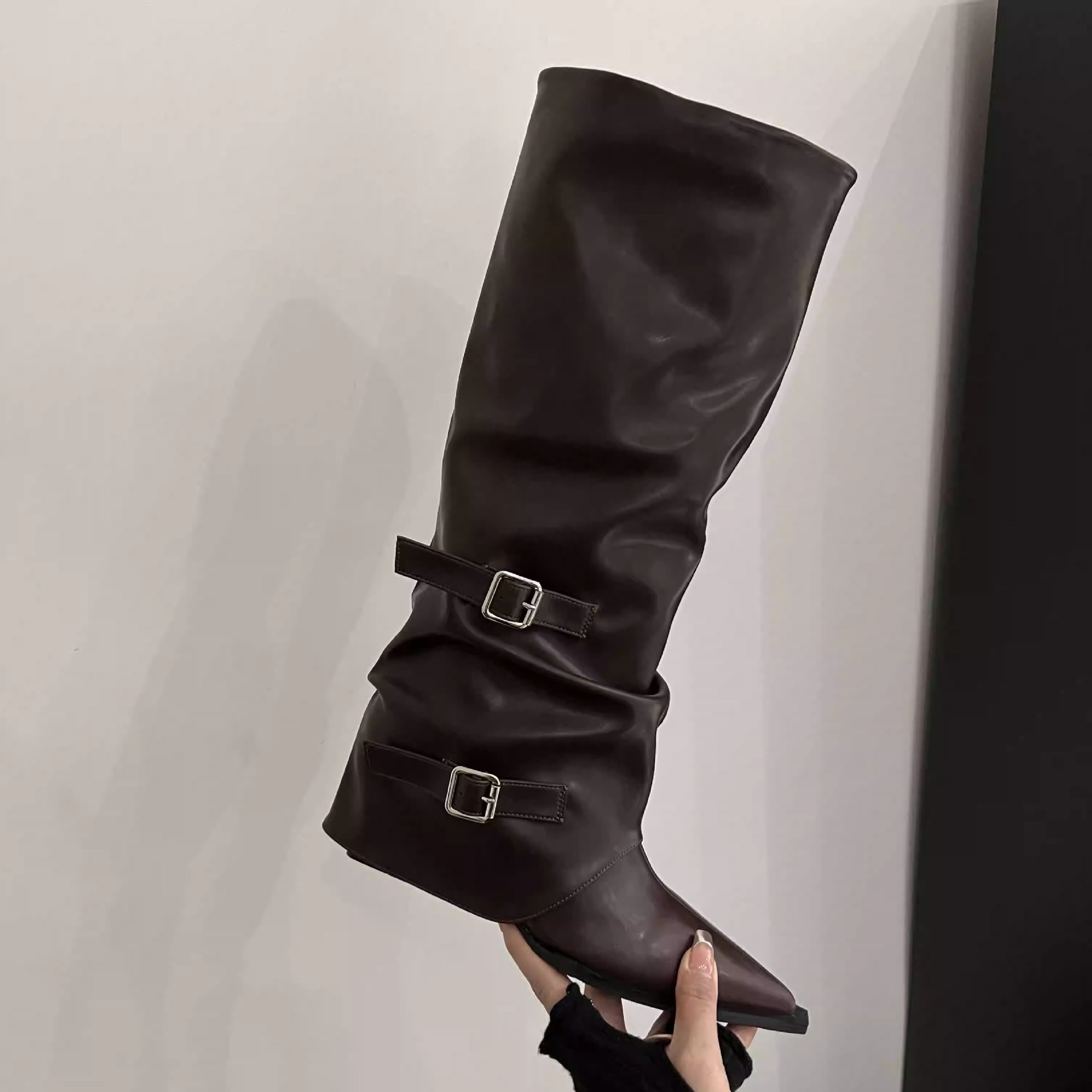 New Footwear Modern Women Knee High Boots Designer Buckle Fashion New Pointed Toe Ladies Long Booties With 5.5CM Heels Female Shoes
