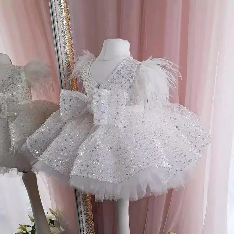 Baby Girls Dresses For Childrens Feather Sequins Princess Tutu Dress Birthday Party Wear 240416
