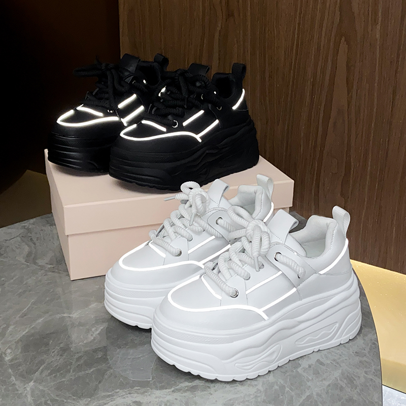 Women's 8cm High Heel Leather Women's Casual Shoes Platform Sneakers Comfortable Skateboarding Shoes Fashionable and trendy flat shoes