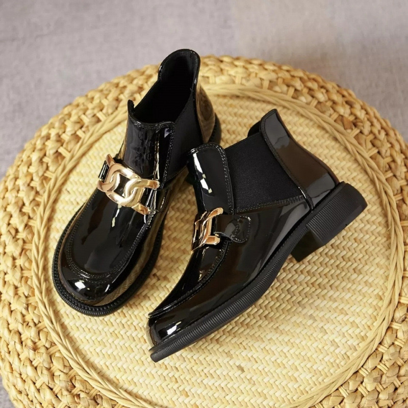 designer metal new chains leather boots women square toe short tube New winter booties female motorcycle ankle bottes