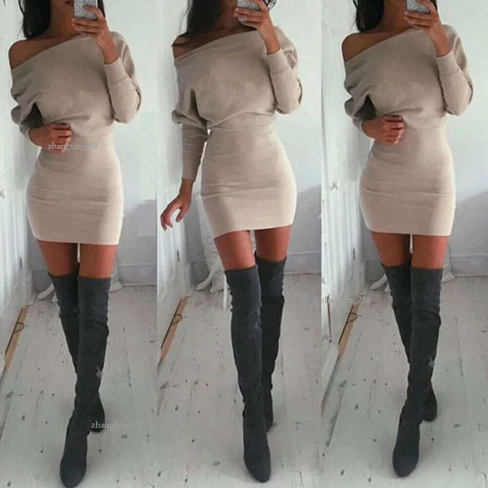 Women Winter Off Shoulder Sexy Long Sleeve Sheath Package Hip Sweater Slim Bodycon Slim Fits Midi Dress