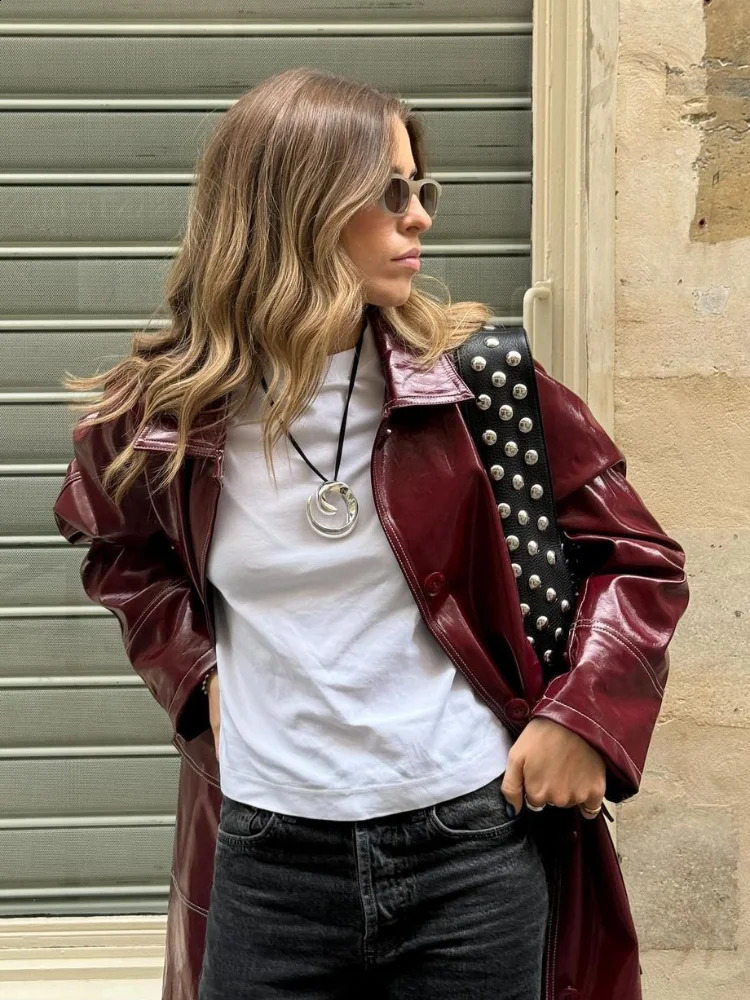 Burgundy Color Stitching Glossy Lacquer Leather Overcoat Fashion Pocket Lapel Oversize Jacket 2024 Lady Streetwear 241118