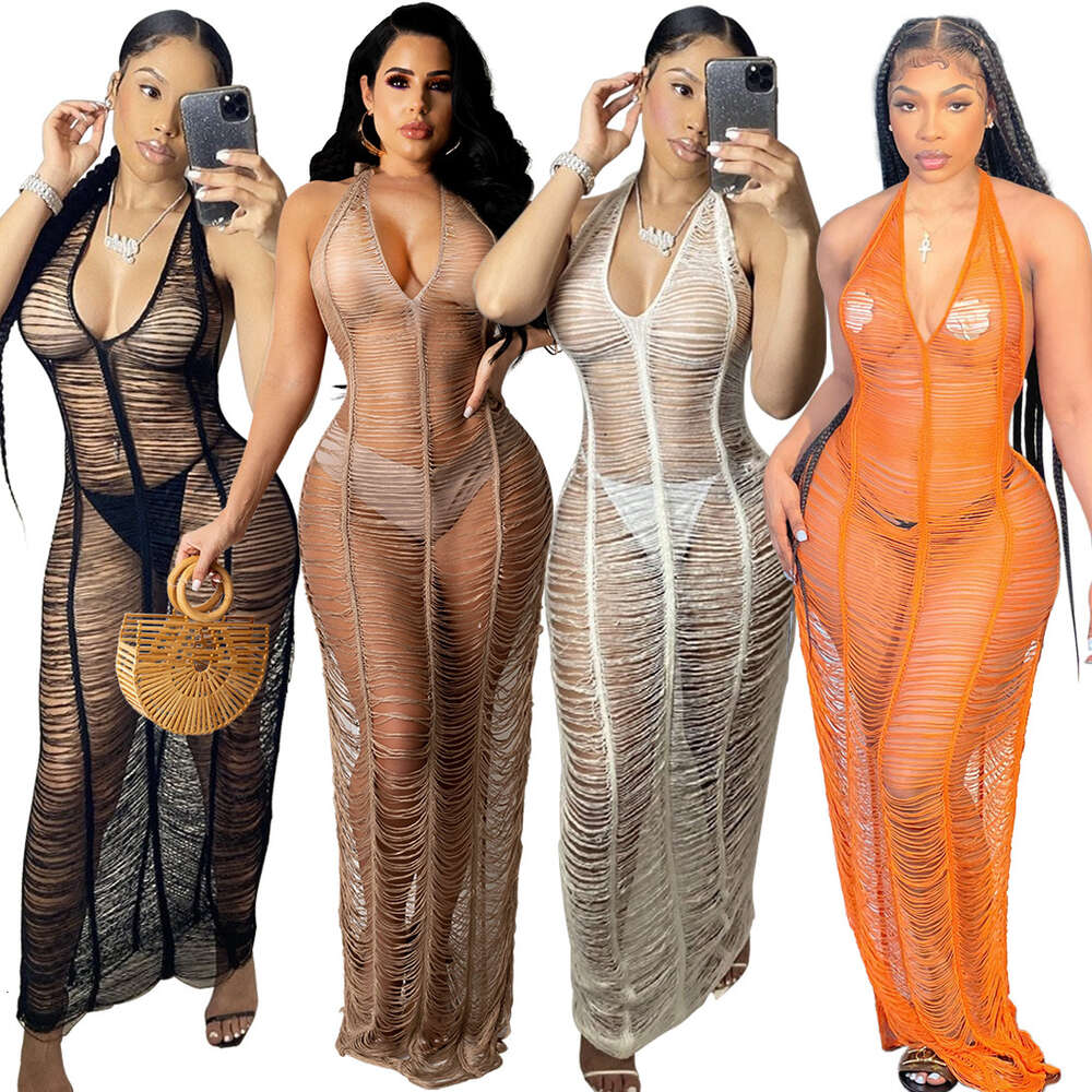 Women Sexy Dress Summer Beach Life Sex Club Party Knitted Long Dresses Erspective Deep V-neck Halter Lace Up Tight Skirts Hollow Out Lady Clothing Cas