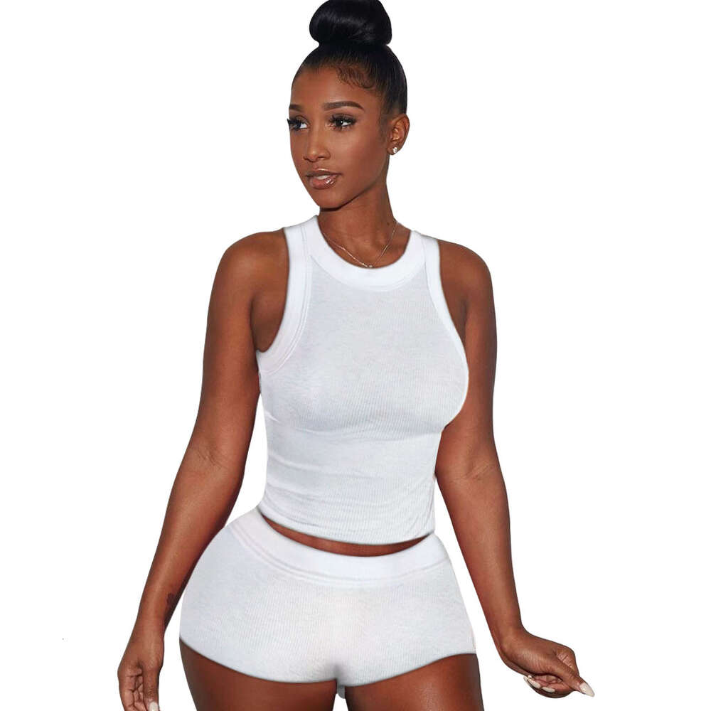 New Summer Sportwear Womens Casual Classic Sexy Solid Color Tank Top Shorts Two Piece Set Pit Stripe Fabric