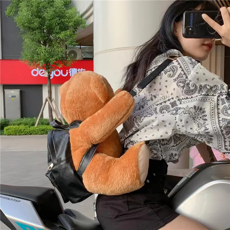 3045cm Lovely Teddy Bear Plush Backpack Cute Motorcycle Stuffed Animal Soft Toy Bag Fashion Girls Woman 240407