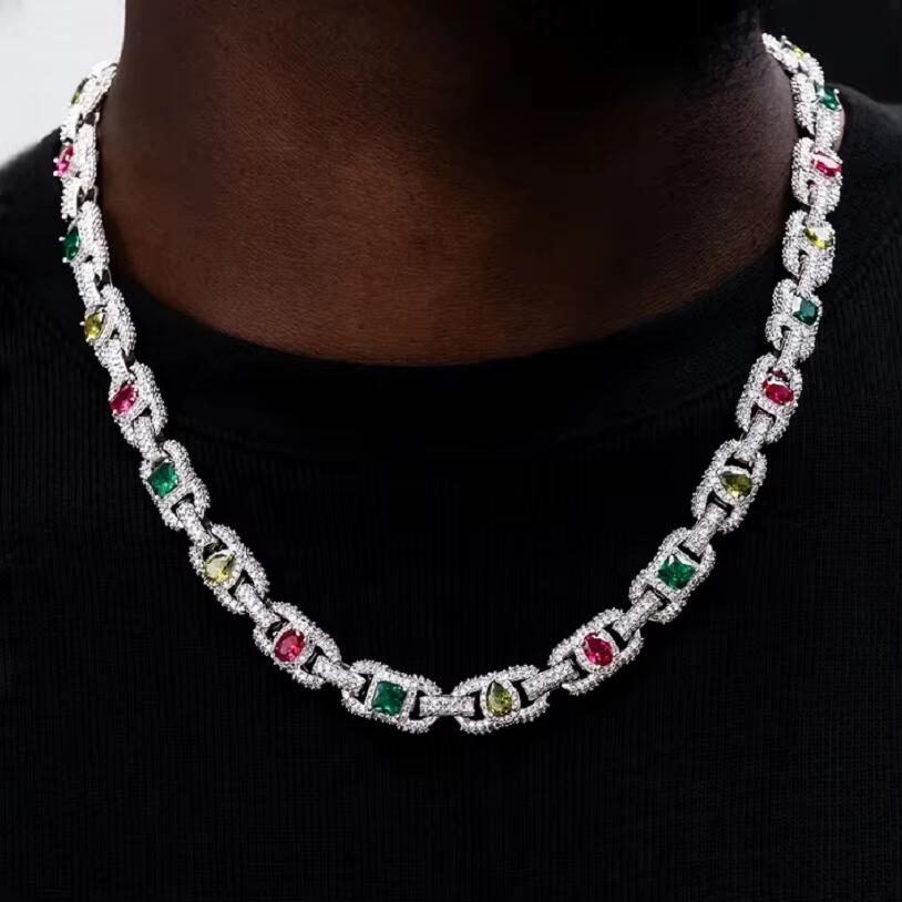 2025 Geometric Colorful Rainbow Cubic Zirconia 2025 New Hip Hop Men Jewelry Rectangle Cuban Link Chain Necklace