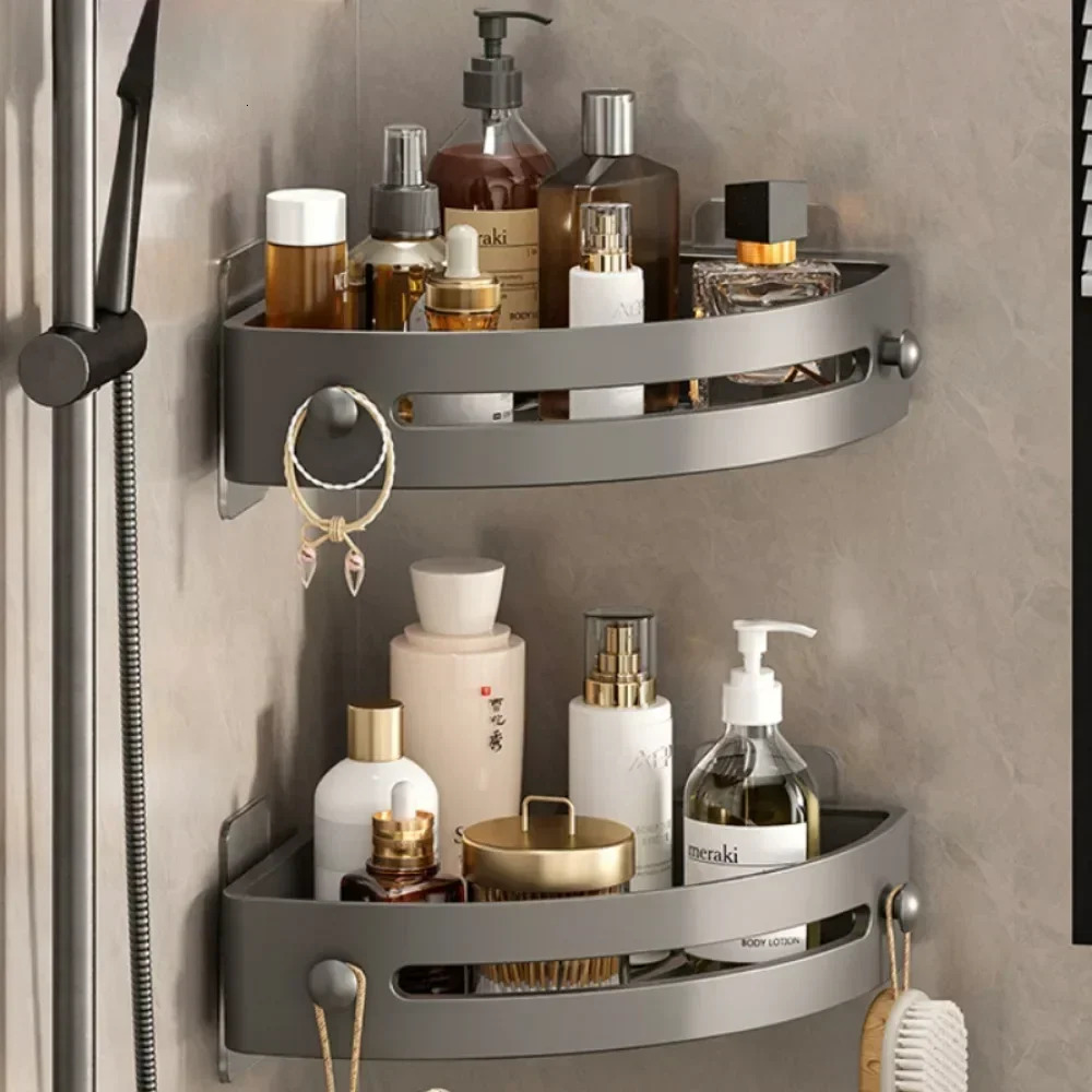 New Shampoo Rack Bathroom Shelluminum Alloy Makeup Storage Organizer Shower Accessories No Drill Wall Corner Shelf 2025
