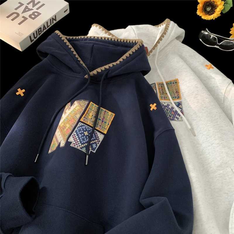 High Quality Korean street style patchwork hoodie embroidered pattern hoodie sportswear mens loose casual autumn and winter new hoodie T241118