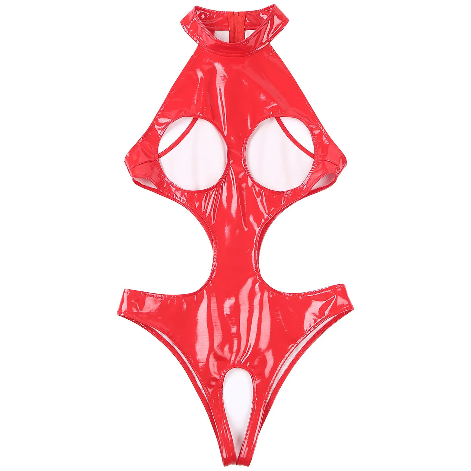 Womens Wetlook Bodysuit Cupless Latex Catsuit Sexy Open Crotch Lingerie Patent Leather Cut Bra Bodycon Jumpsuit Rave Dance 241118