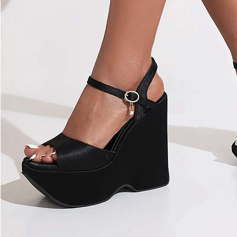 Sexy Punk High Heels Sandals Women Summer Platform Satin Red White Black Wedge Heeled Party Fetish Wedding Shoes Ladies a582