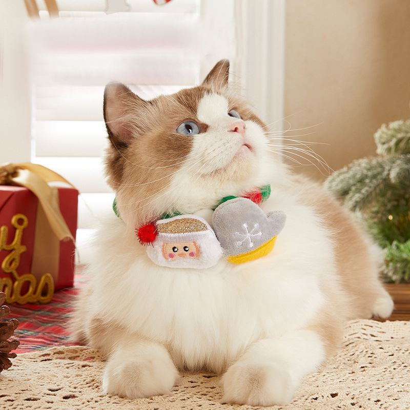 Christmas Cat Decoration Color Blocked Plush Neck Scarf Elastic Dog Collar Pet Holiday Supplies Clothing YLE55
