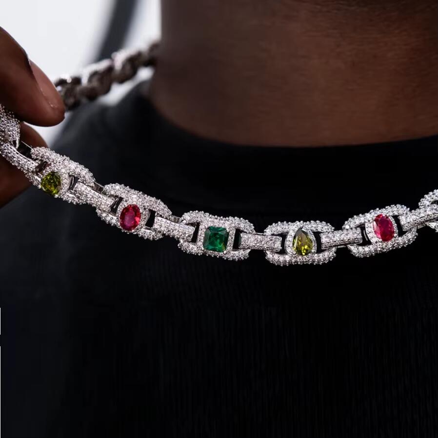 2025 Geometric Colorful Rainbow Cubic Zirconia 2025 New Hip Hop Men Jewelry Rectangle Cuban Link Chain Necklace