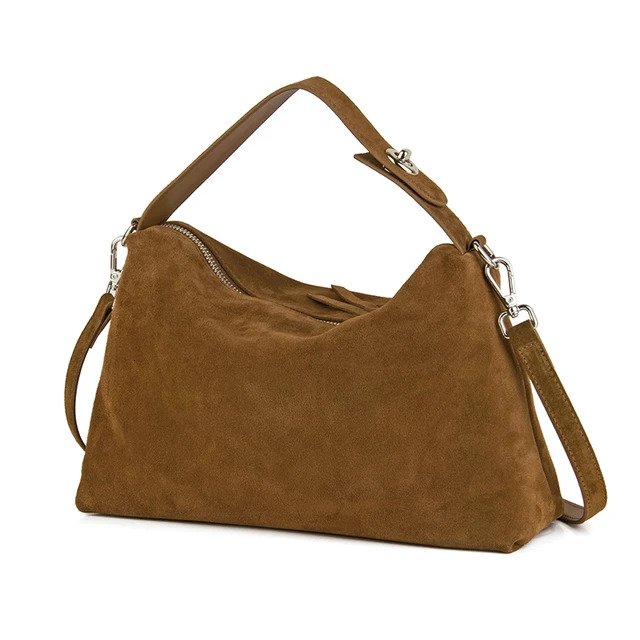 Donna-In Natural Cow Suede Handbag For Women Large Capacity Soft Shoulder Spring Retro High Quality Zipper Crossbody Bags Check BagVoyage