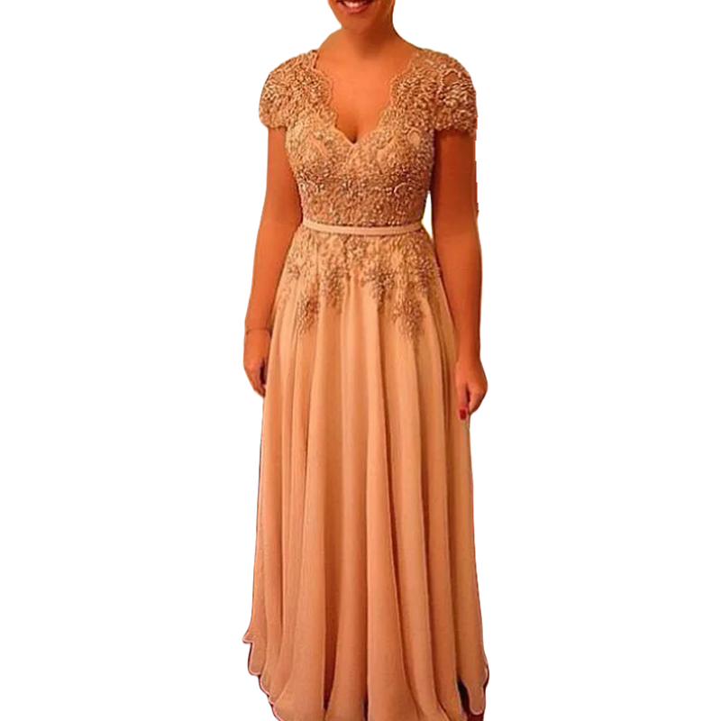 Long Mother Of The Bride Groom Dresses for Wedding 2025 Short Sleeves V-Neck Lace Beading Bodice Sash Plus Size Chiffon Prom Dress