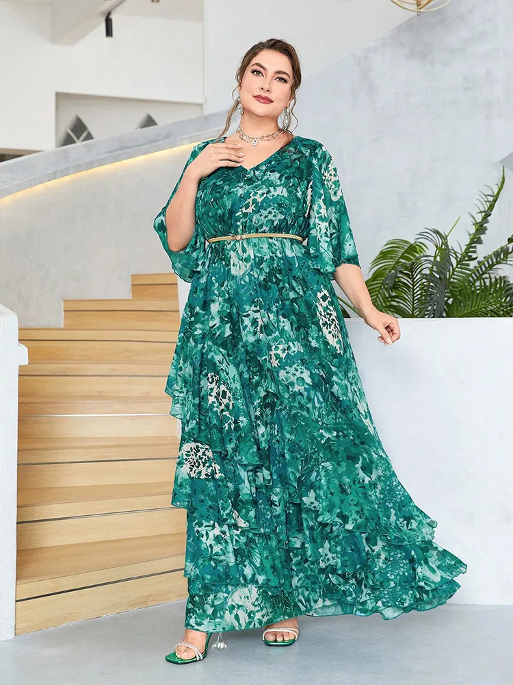 New Women Plus Size Maxi Dresses Stylish Elegant Chiffon Dress Casual Vneck Flared Sleeves Vintage Green Print Vacation Dress
