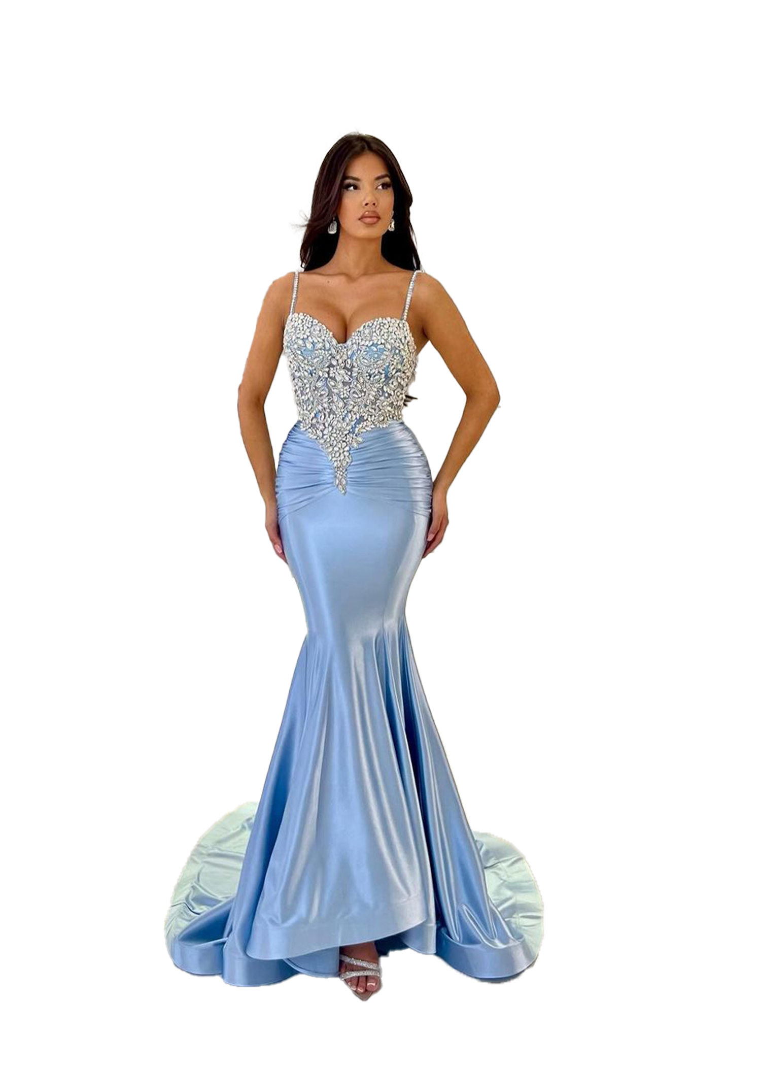 Elegant Light Sky Blue Mermaid Evening Dresses Long for Women Spaghetti Straps Crystals Rhinestone Draped Pleats Prom Birthday Pageant Special Ocn Dre