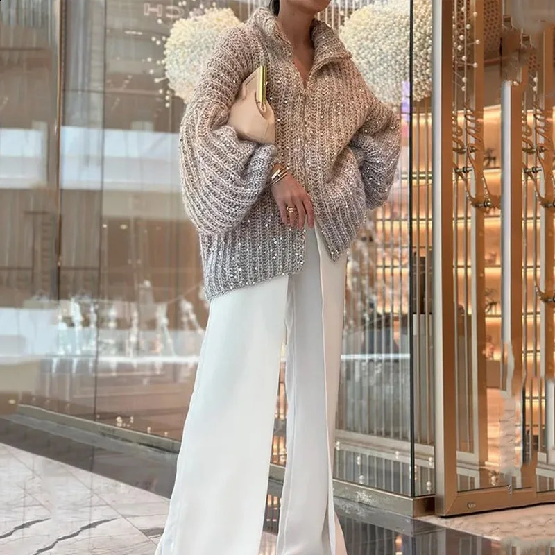 Womens long sleeved knitted cardigan wool sweater with casual sequins V-neck sweater and loose womens coat for autumn and winter 2024 241118