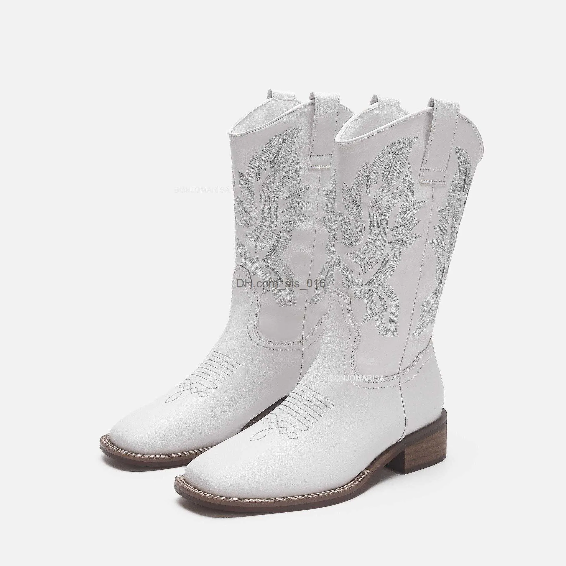 Cowboy Mid Western Cowgirls Calf Boots For Women Chunky Heel Embriodery Sip On Vintage Brand Designer Comfy Shoes Woman T230824 241119