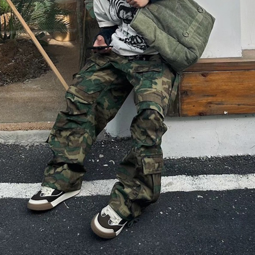 High Street Multi-Pockets Patchwork Camouflage Cargo Pants For Men Straight Casual Baggy Overalls Loose Oversized Trousers