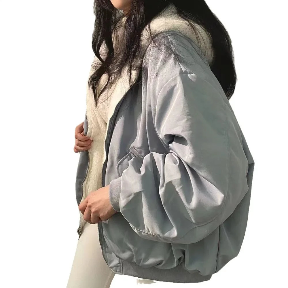 2024 Winter Double sided Wearable Cotton padded Jacket Loose Fit Hooded Wool Lined Thickened Jacket 241118