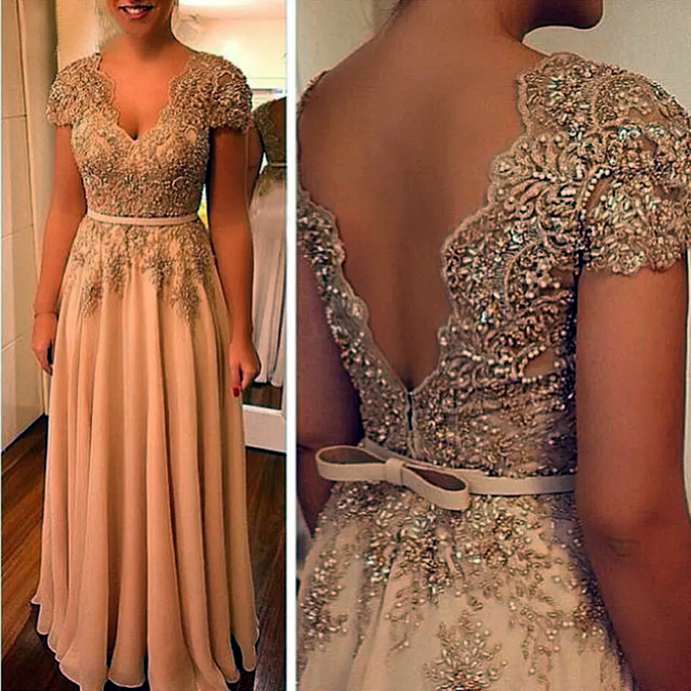 Long Mother Of The Bride Groom Dresses for Wedding 2025 Short Sleeves V-Neck Lace Beading Bodice Sash Plus Size Chiffon Prom Dress