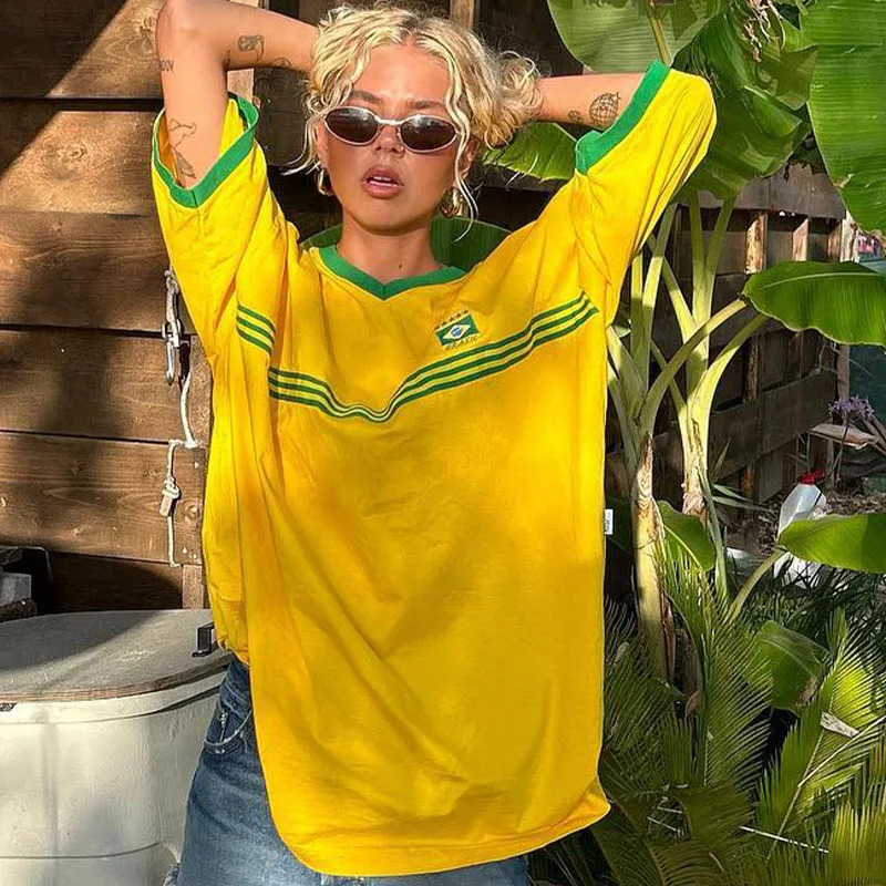 Summer Women Brazil Embroidery Yellow Tshirt Casual Loose Medium And Long Sleeves Y2k Clothing Tops Oversized T-shirt Beach Tees 240409