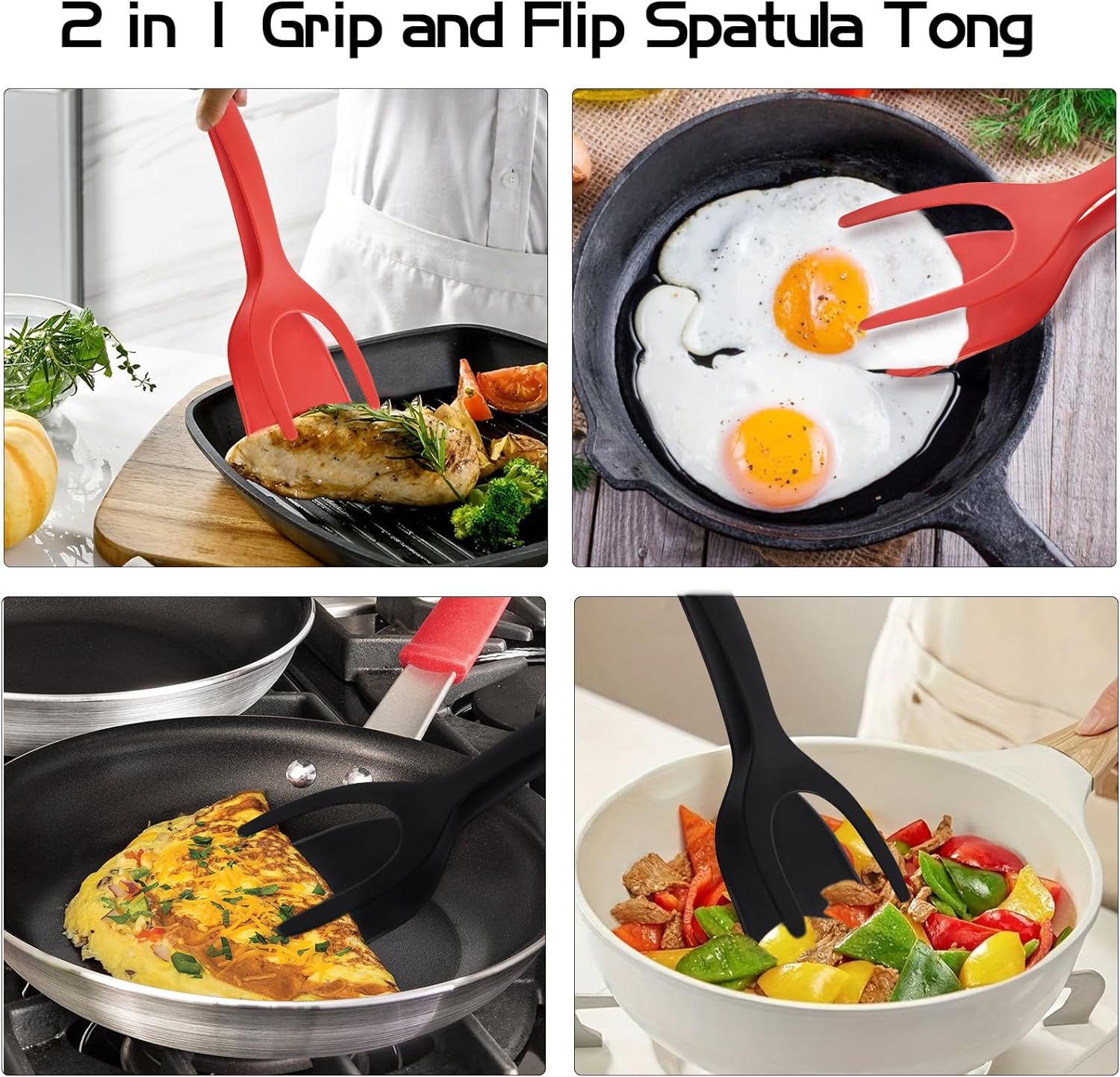 2-in-1 handle and flip scraper tongs, multi-functional non-stick kitchen scraper tongs Barbecue tongs for kitchen cooking baking (black and red)