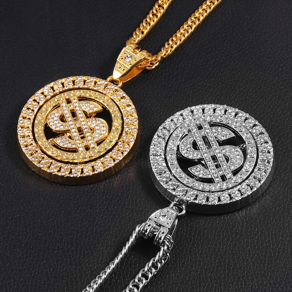 Hip Hop Rotatable US Dollar Pendant Necklace Men Gold Sliver Color Ice Out Crystal Sign Rock Pendant Bling Rapper Bling Jewerly 240323