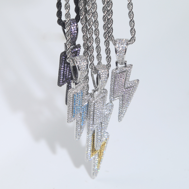 Iced-Out Lighing Pendant Necklace: Two-Tone CZ Charm for Men & Women fa71