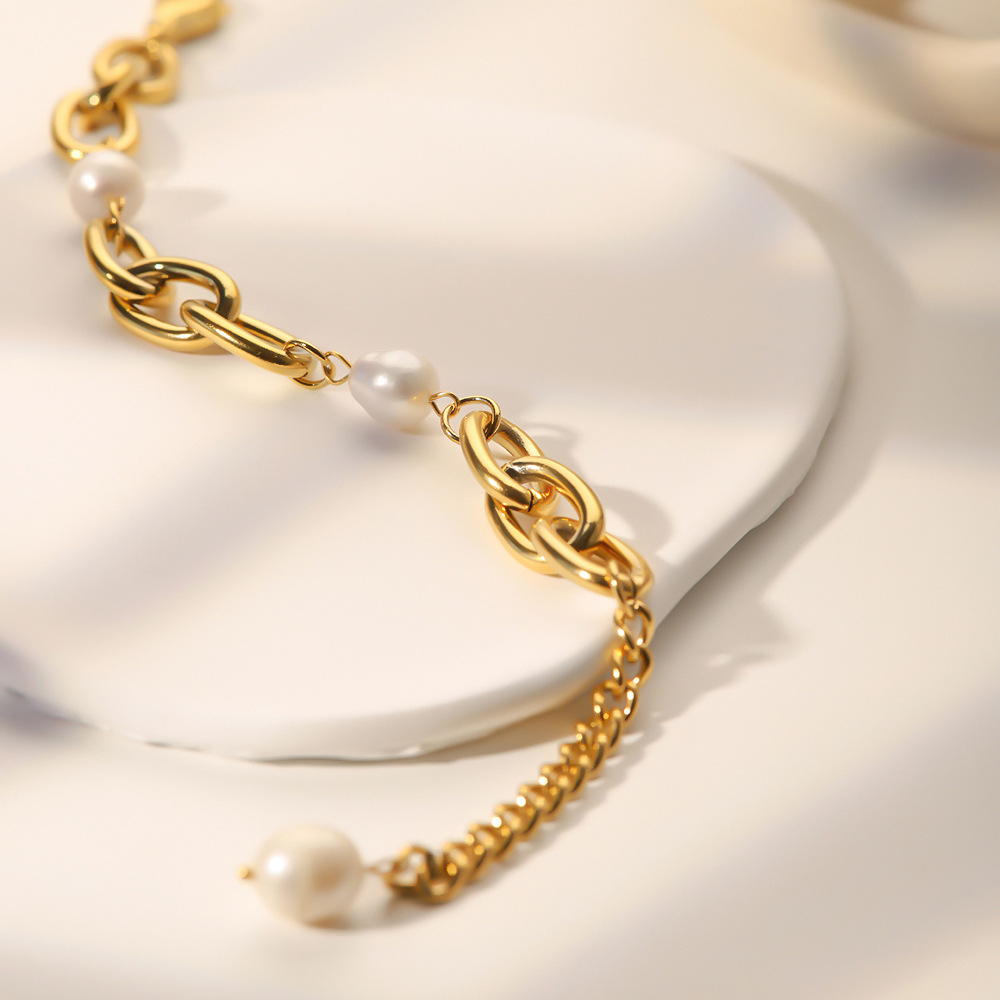 Designer Retro Freshwater Pearl Oval Chain Pearl Bracelet for Women Stainless Steel Plated 18k Gold Party Wedding Jewelry Wholesale
