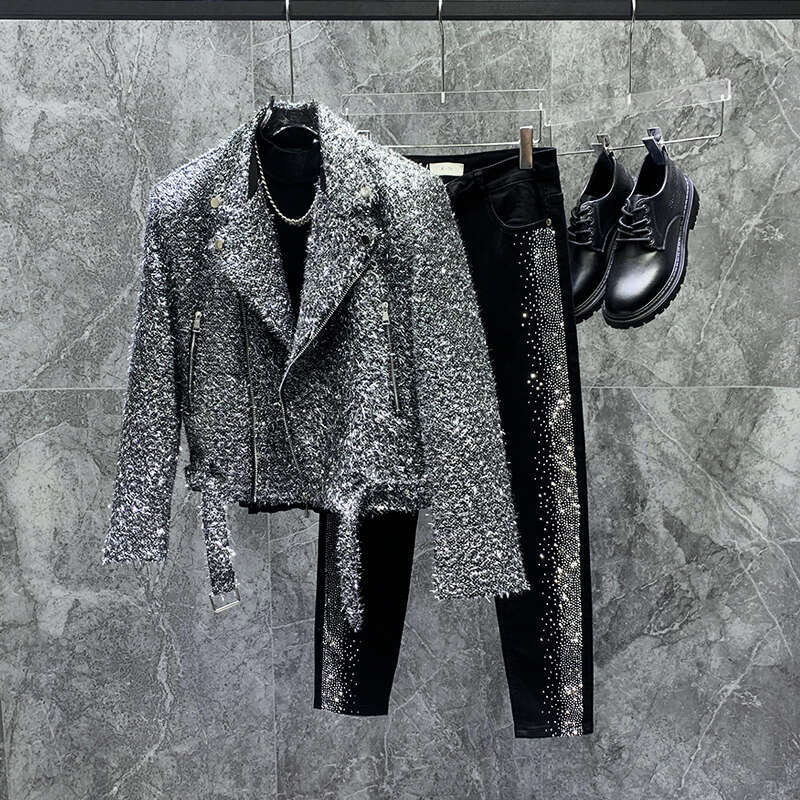 Autumn Winter High-End Bright Silk Design Short Suit Collar Jackets Loose Coat Men Handsome Fashion Trendy Male Solid Color Tops