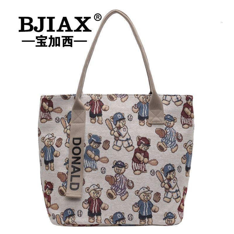 leisure New Baojiaxi Bear Embroidered Canvas Women s New Single Shoulder Large trend Capacity Commuter Handbag Designer Bag