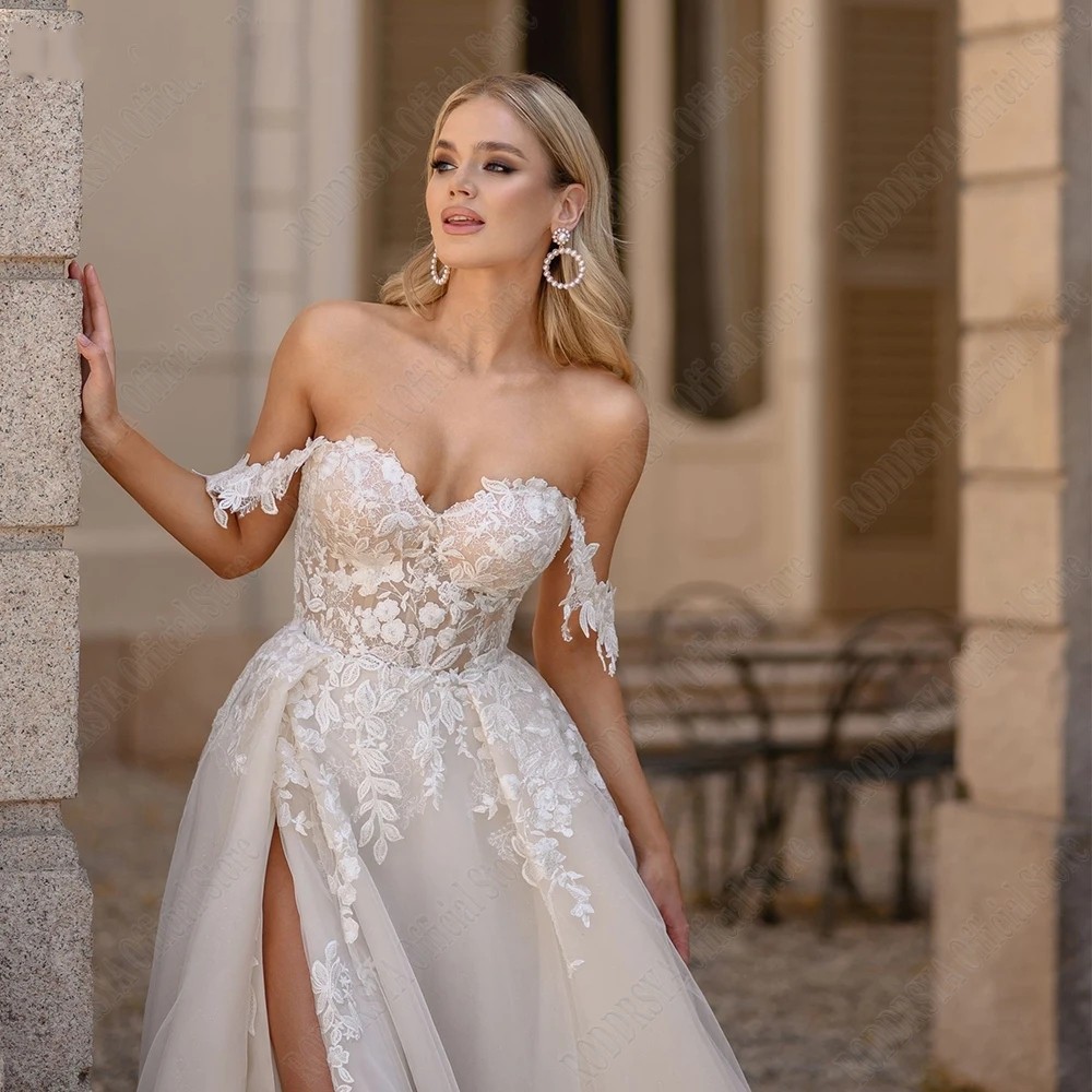 Light Champagne Pastrol Wedding Dress Off Shoulder Sweetheart Lace Appliques Bride Gowns Side Split A-Line Tulle Vestido De Novias