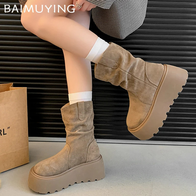 Suede Platform Women Ankle Boots er Mid Heels Shoes Winter Trend Walking Non-slip Winter Botas De Mujer 241118