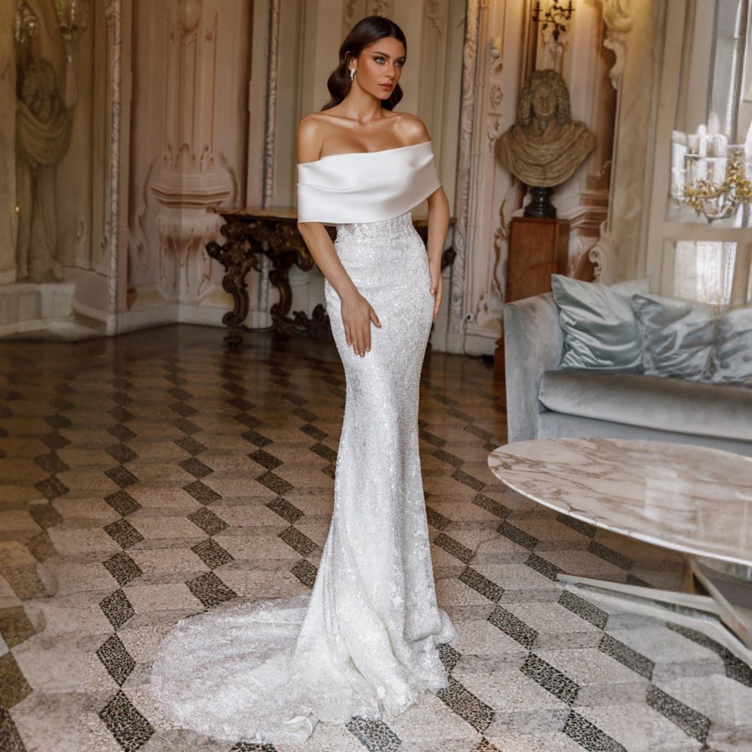 Sparkly Mermaid Sequined Wedding Dresses With Detachable Train Beaded Bridal Gowns Strapless Necke Vestido De Novia