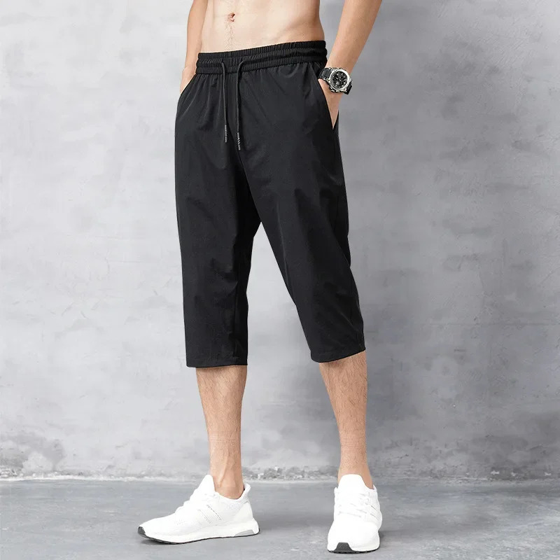 Mens Shorts Summer Breeches 2024 Thin Nylon 34 Length Trousers Male Bermuda Board Quick Drying Beach Black Long 240417