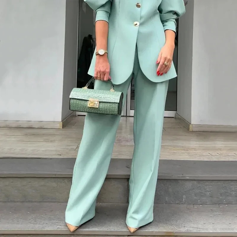 Womens Lantern Sleeves Loose Suit Coat and Pants Set Temperament Commuting Elegant Blazer Sets Spring Fashion 241118