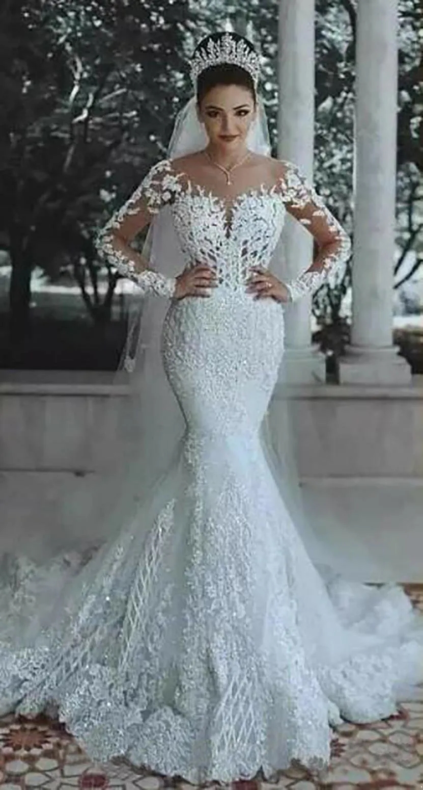 Romantic Gorgeous Long Sleeve Mermaid Wedding Dresses Beading Lace Princess Bridal Gown Custom Made Appliques See Through BA9863