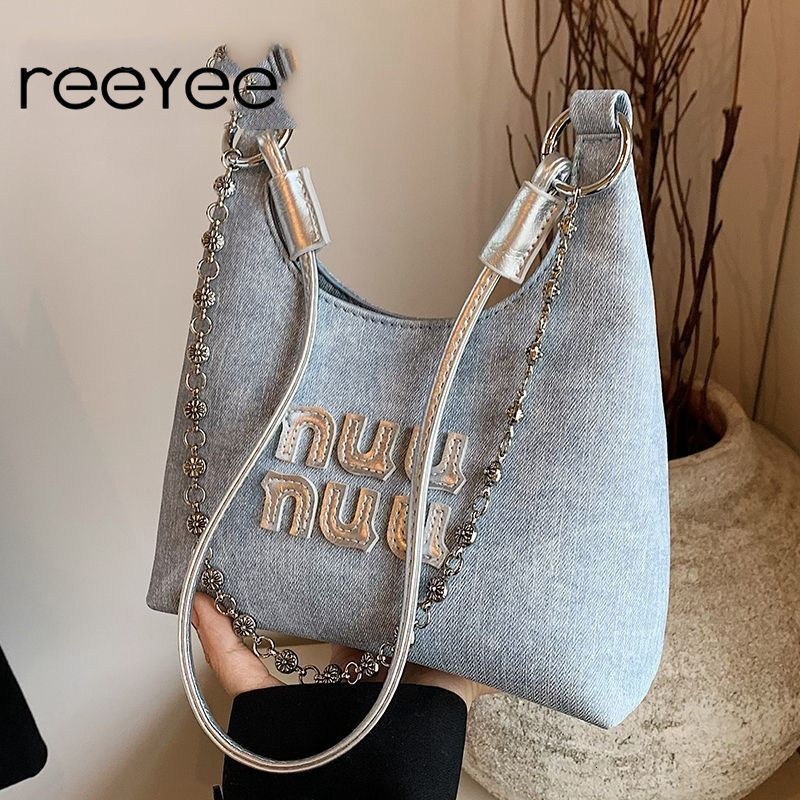 REEYEE trend new women s niche minimalist bucket high end multifunctional denim armpit chain crossbody bag leisure designer shoulder bag