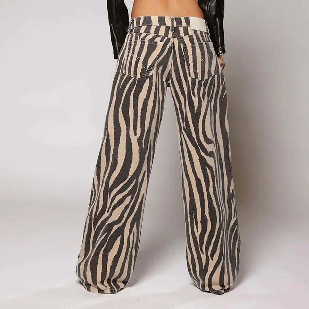 Fashionable low rise straight leg jeans for womens casual denim pants cross-border zebra print autumn street style 241118