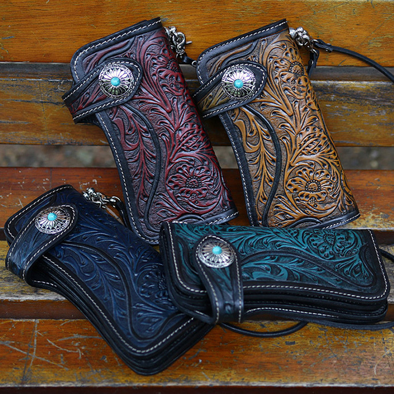 Genuine Leather Handmade Craved Wallet New Vintage Ral Hasp Men And Women Long Wallets Card Holder Vintage Style BagVoyage