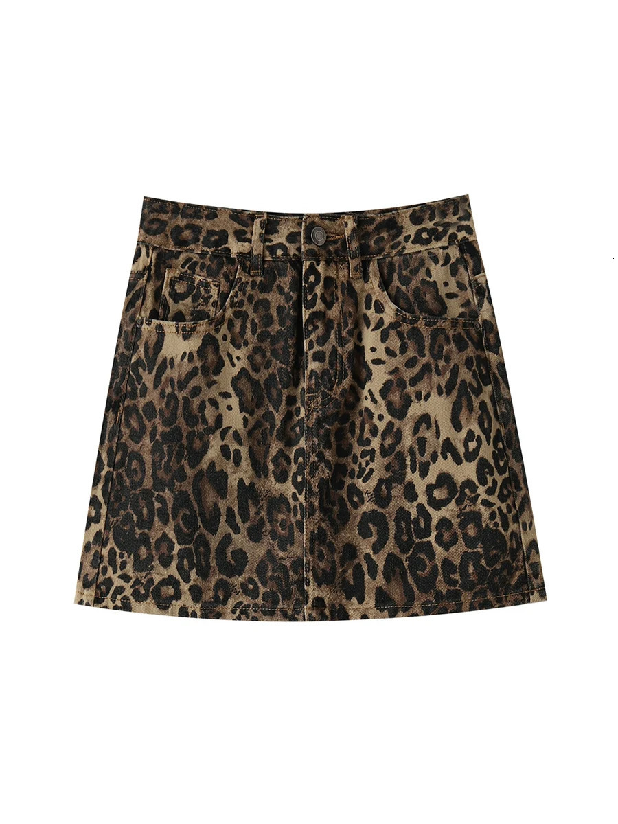 Leopard Print Denim Skirts for Women American Retro Y2k Fashion Streetwear High Waisted Mini Jeans Skirts Hip Hop Vintage Skirts 240419