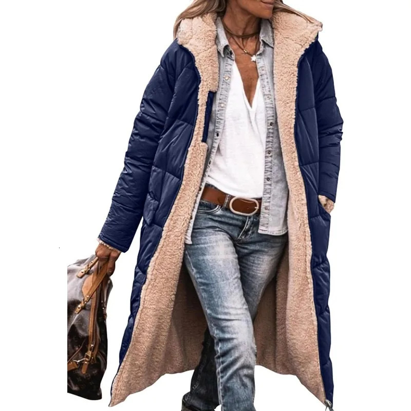 Womens 2023 Warm Winter Coats Reversible Sherpa Fleece Long Hooded Puffer Jackets Outerwear 241108